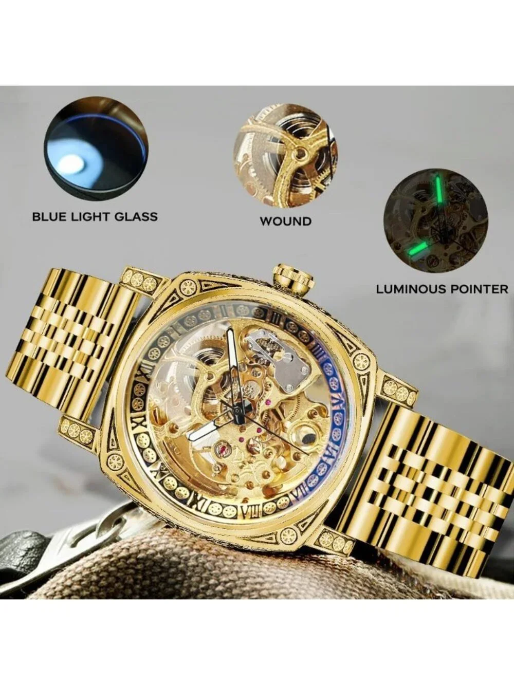 Mens All Gold Square Mechanical Stainless Steel Self-Wind Carved Automatic Watch